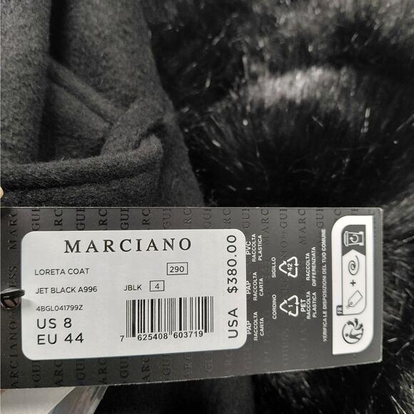 $380 NWT Marciano Loreta Women’s Wool Blend Belted Coat Size 8 Black Fur Collar - Picture 15 of 16